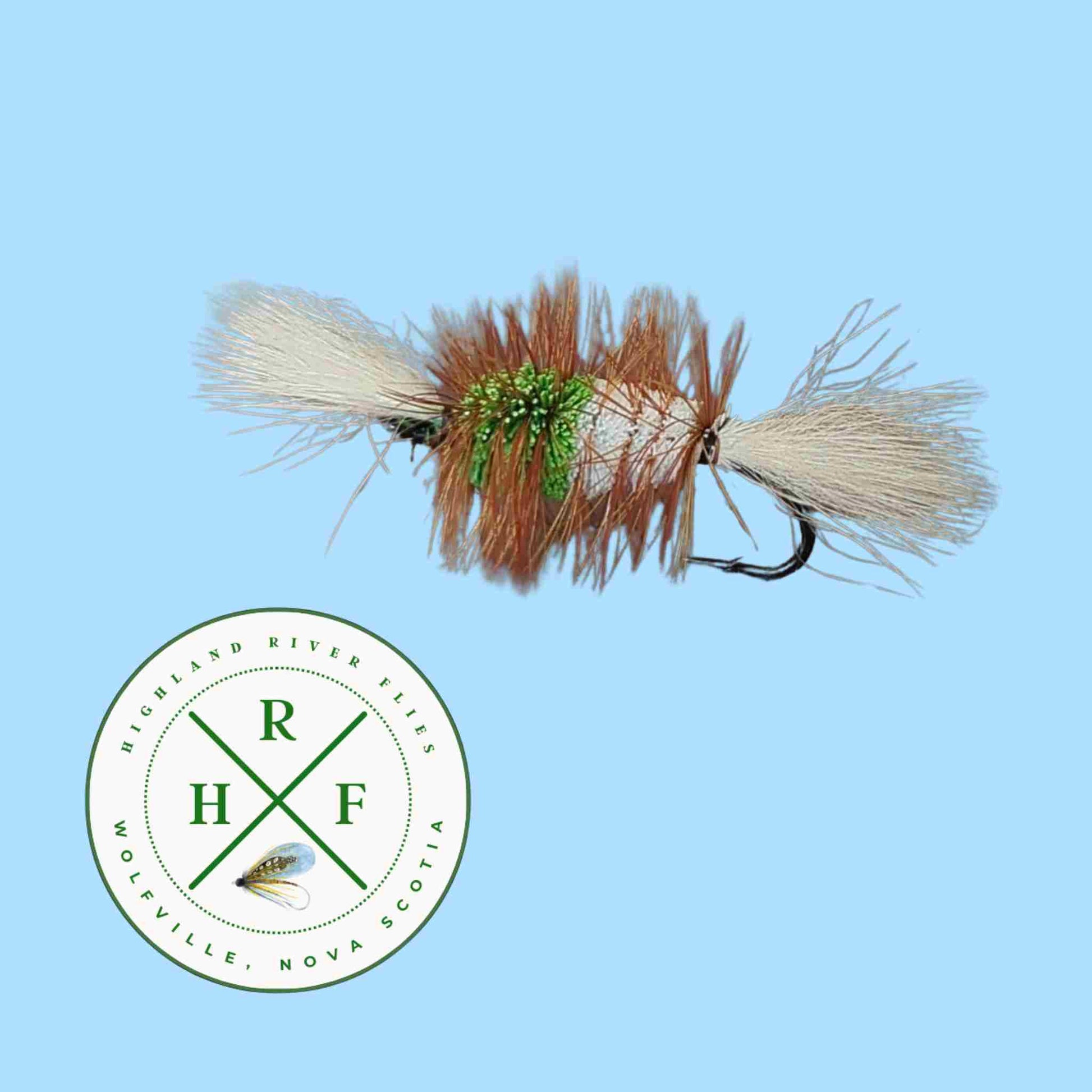 Fishing fly with a branded logo on a light blue background