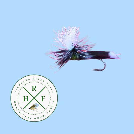 Fishing fly with a branded logo on a light blue background