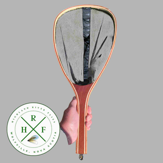 Fishing net held by a hand with a visible brand logo on a gray background